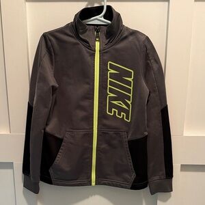 Boys Nike Charcoal and Black Full Zip Up Jacket with Neon Yellow Logo size 6